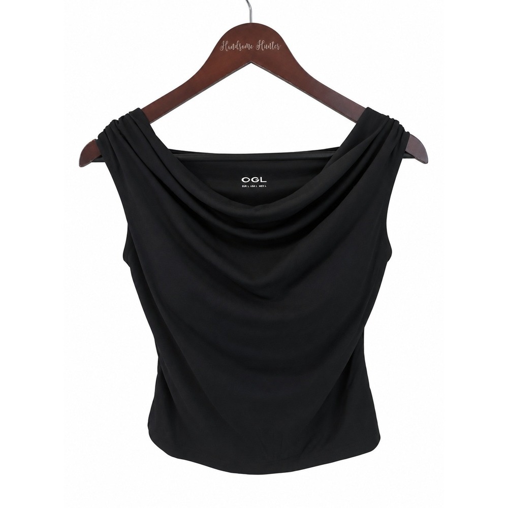 OGL Cowl Neck Tank Top Women Large Black NWT Built-in Bra SkinKiss Draped Top